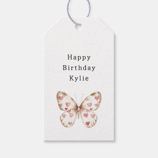 White Butterfly Hearts Birthday Gift Tags (Front)