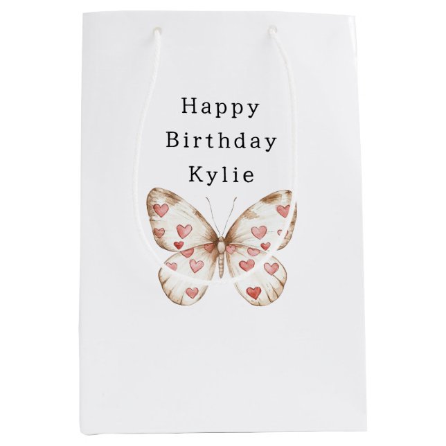 White Butterfly Hearts Birthday Medium Gift Bag (Front)