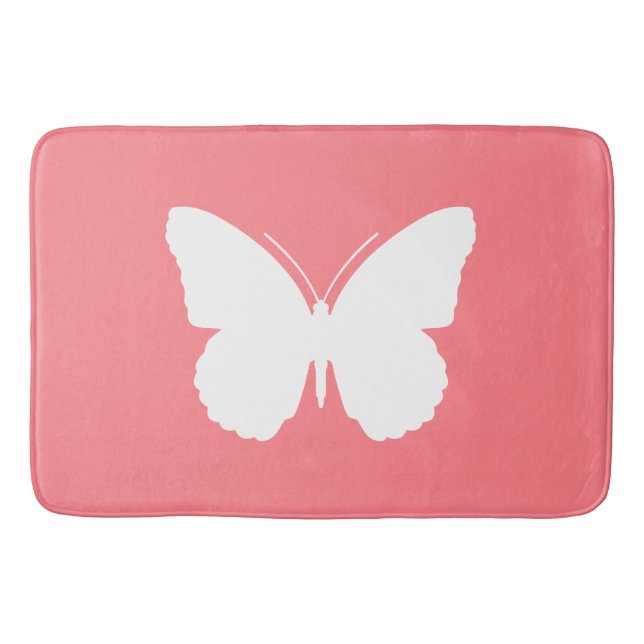 White Butterfly on Coral Pink Bath Mat (Front)