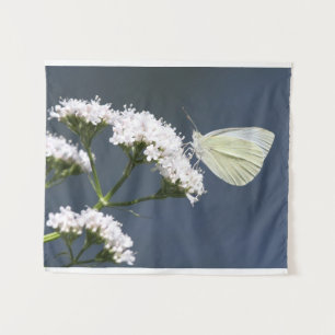 White Butterfly On Flowers Tapestry