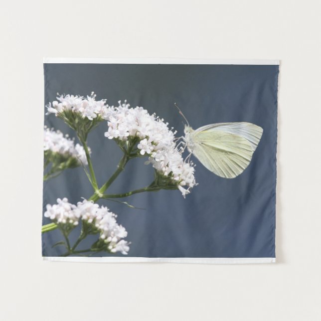 White Butterfly On Flowers Tapestry (Front (Horizontal))