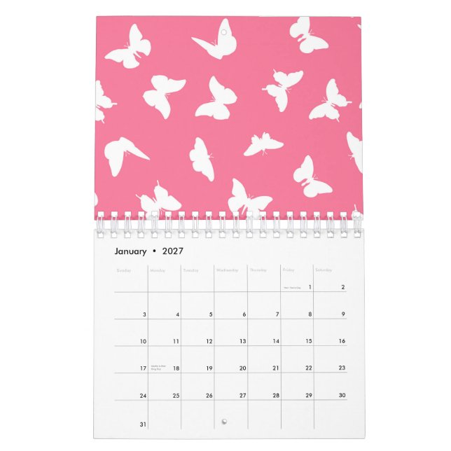 White Butterfly Pink Background Aesthetic Pattern Calendar (Jan 2027)