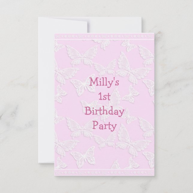 White Butterfly Pretty Pink 1st Birthday Party Invitation (Front)