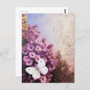 White Butterfly Purple Flowers Impressionist Postcard