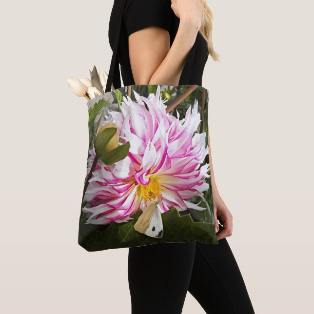 White Cabbage Butterfly on Pink Dahlia Floral Tote Bag (Close Up)