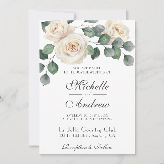 White Cabbage Roses Garden Wedding Invitation (Front)