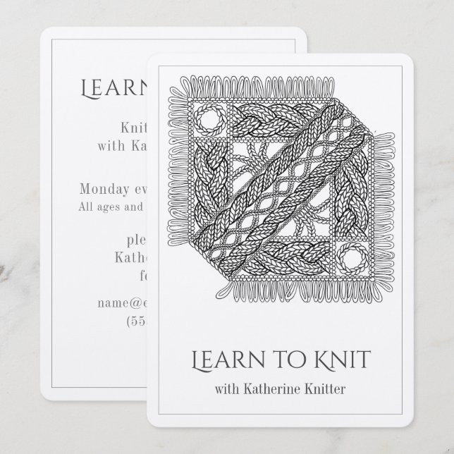 WHITE CABLE KNIT Knitting Classes Card  (Front/Back)