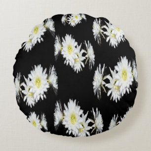 White Cactus Flowers On Black, Round Cushion