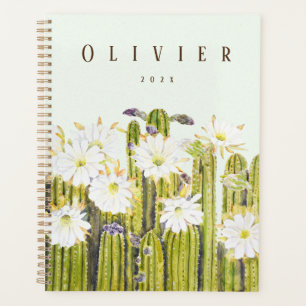 white cactus flowers watercolor hand painted planner