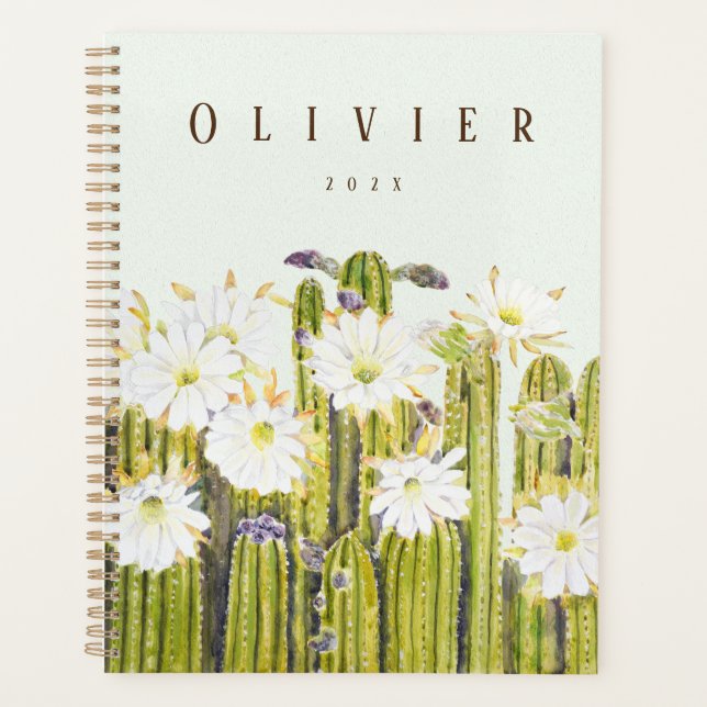 white cactus flowers watercolor hand painted  planner (Front)