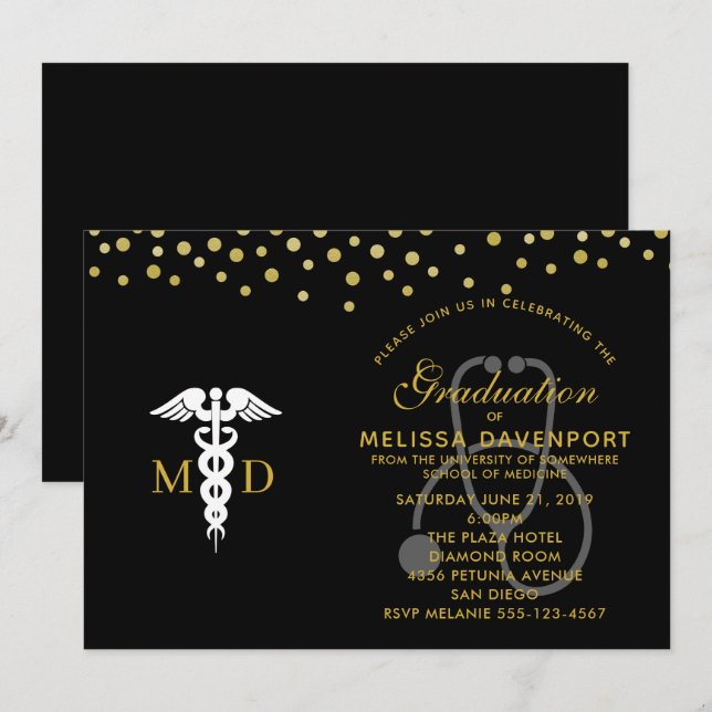 White Caduceus and Stethoscope Doctor Graduate Invitation (Front/Back)