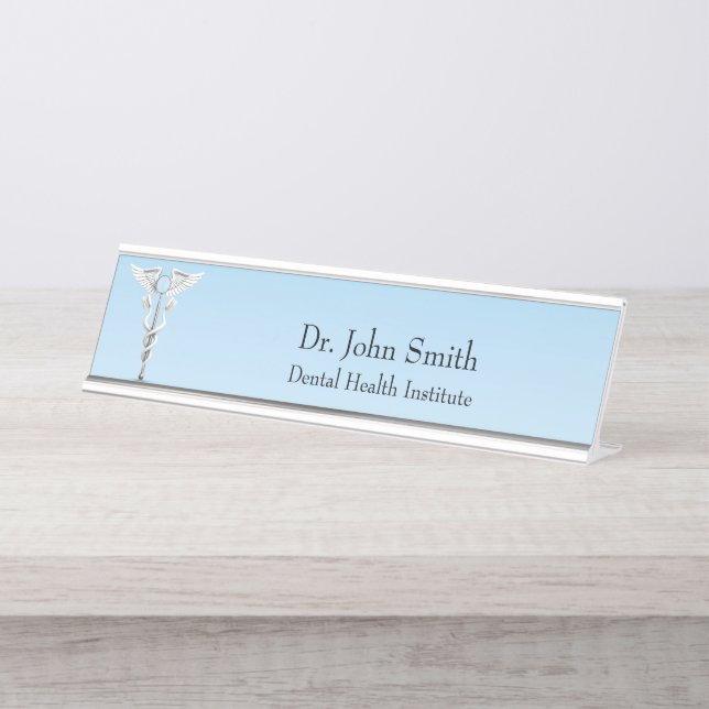 White Caduceus Dental Medical Mirror Toothbrush Desk Name Plate (Front)