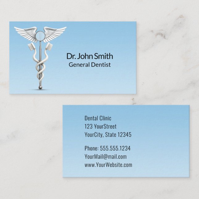 White Caduceus Dental Mirror Toothbrush Medical Business Card (Front/Back)
