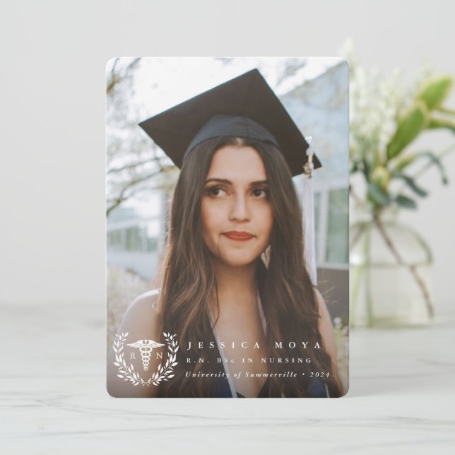 White Caduceus RN Registered Nurse Graduation Announcement (Standing Front)