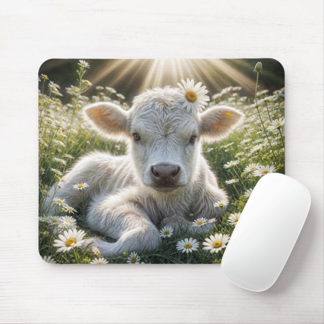 White Calf In Daisy Meadow Mouse Mat (With Mouse)
