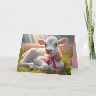 White Calf In Pasture With Sunbeams Card