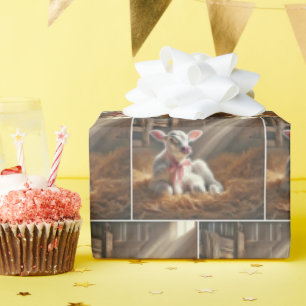 White Calf With Pink Bow In Barn Wrapping Paper
