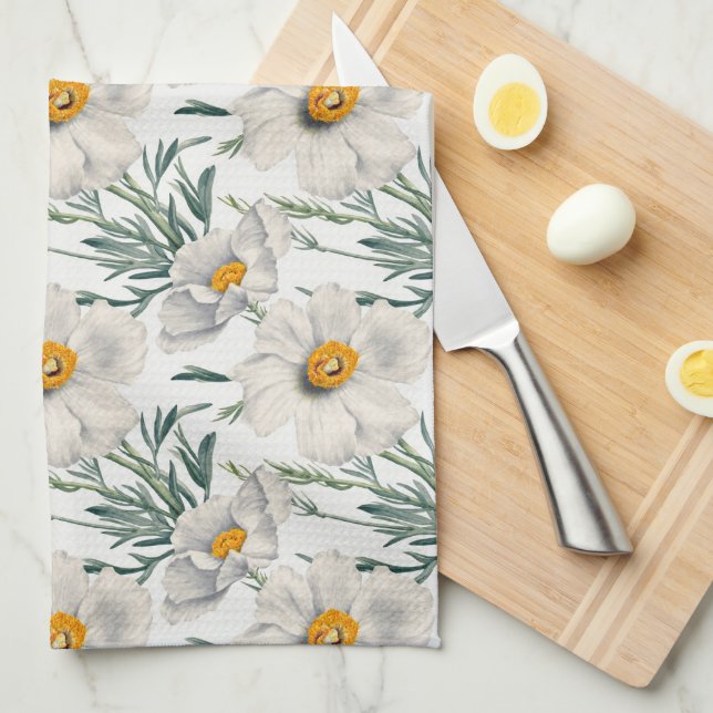 White California Tree Poppy Flowers Pattern Tea Towel (Quarter Fold)