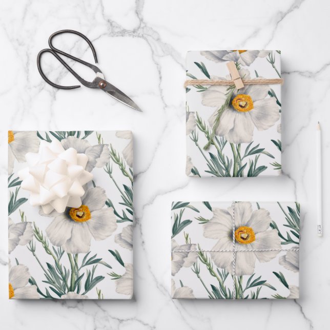White California Tree Poppy Flowers Pattern Wrapping Paper Sheet (Front)