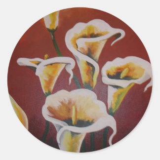 White Calla Lilies Artistic Cut Flowers On Brown Classic Round Sticker