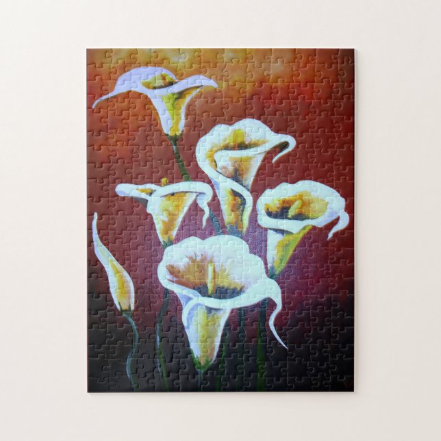 White Calla Lilies Artistic Cut Flowers On Brown Jigsaw Puzzle (Vertical)