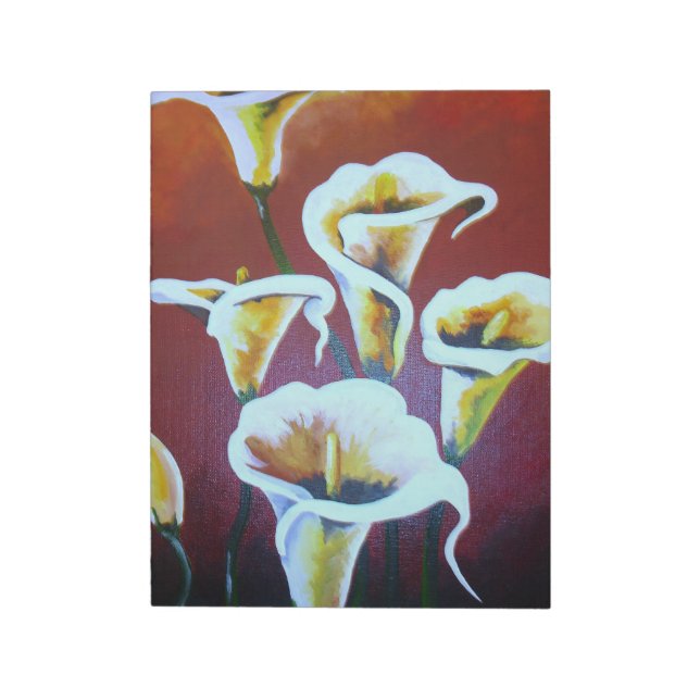 White Calla Lilies Artistic Cut Flowers On Brown Notepad (Rotated)