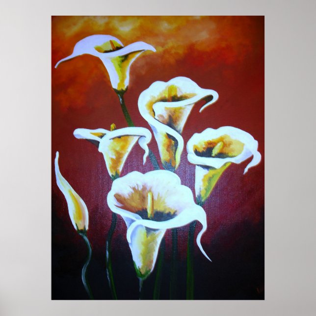 White Calla Lilies Artistic Cut Flowers On Brown Poster (Front)