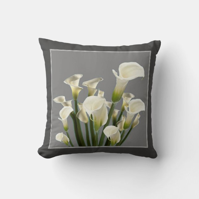 WHITE CALLA LILIES BOUQUET ON GREY CUSHION (Front)