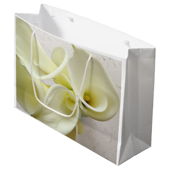 White calla lilies from above large gift bag (Front Angled)