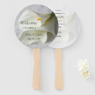 White calla lilies on linen hand fan