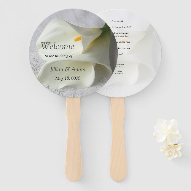 White calla lilies on linen hand fan (Front and Back)