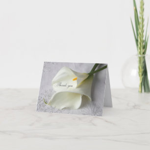 White calla lilies on linen thank you card