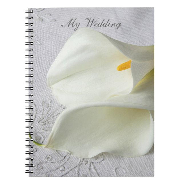 White calla lilies on linen wedding notebook (Front)