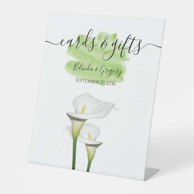 White Calla Lilies Watercolor Wedding Cards Gifts  Pedestal Sign (Front)