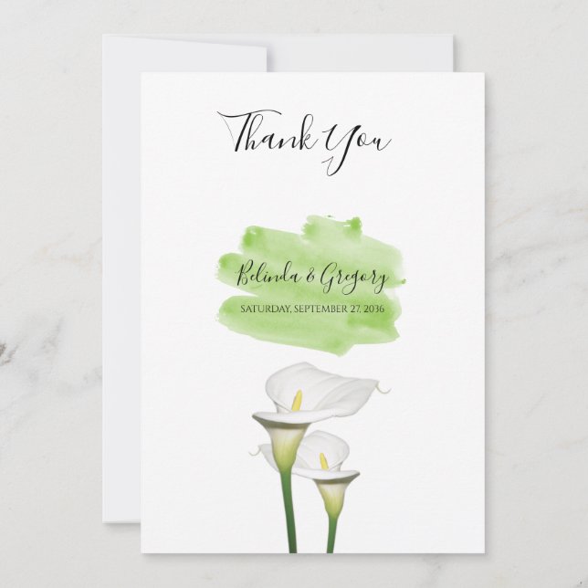 White Calla Lilies Watercolor Wedding Thank You Card (Back)