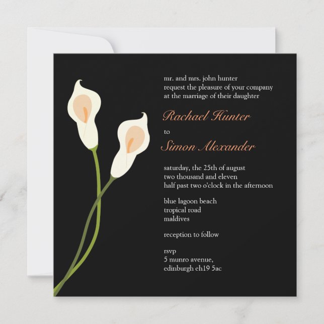 White Calla Lilies Wedding Invitiation- black Invitation (Front)