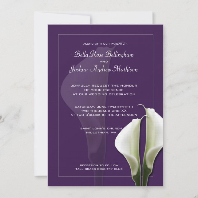 White Calla Lillies Wedding Invitation on Purple (Front)