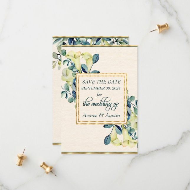 White Calla Lily and Eucalyptus  Save The Date (Front/Back In Situ)