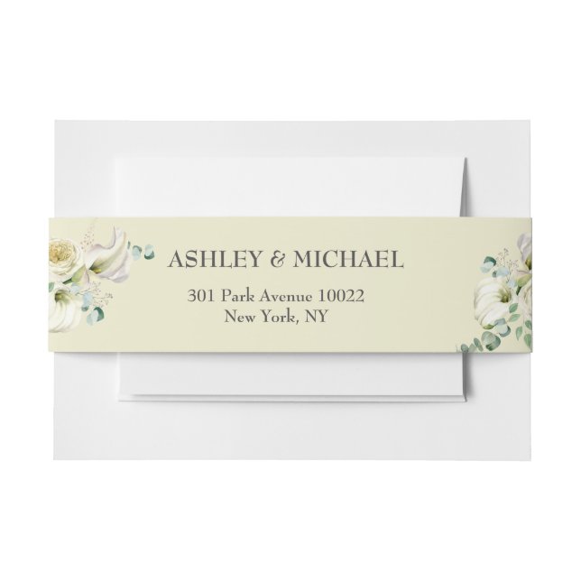 White Calla Lily and Greenery Eucalyptus Wedding Invitation Belly Band (Front Example)
