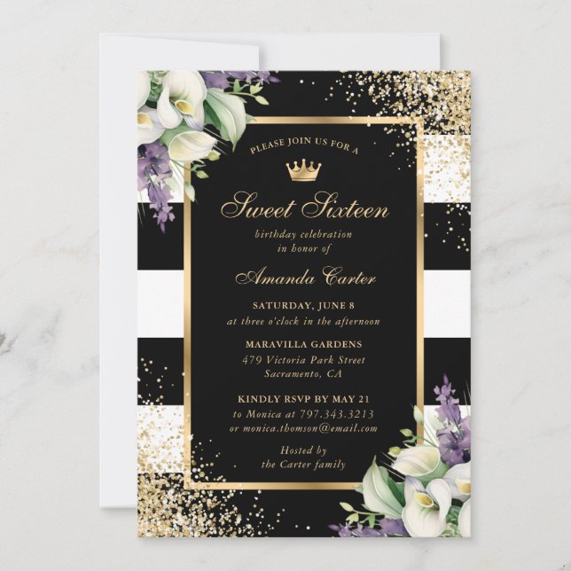 White Calla Lily Black Gold Sweet 16 Birthday Invitation (Front)