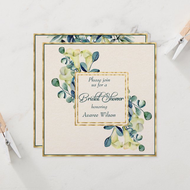 White Calla Lily Eucalyptus Ivory Gold Shower Invitation (Front/Back In Situ)