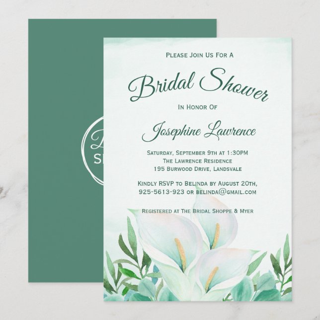 White Calla Lily Floral Bridal Shower Invitations (Front/Back)