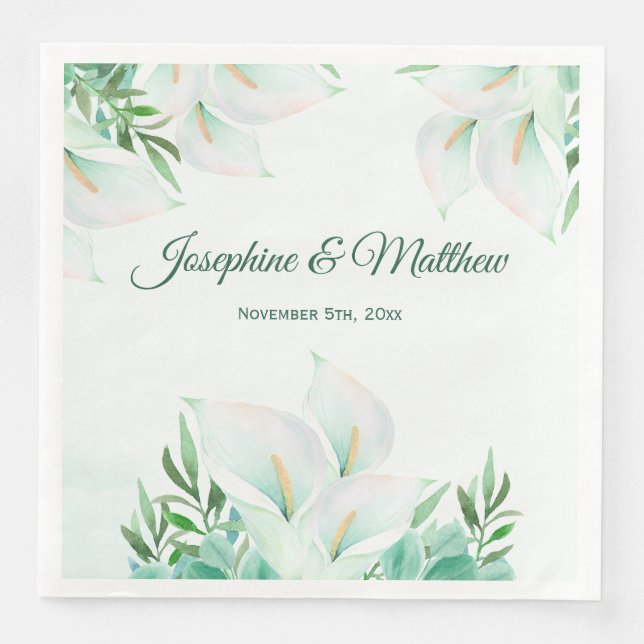 White Calla Lily Floral Wedding Napkins (Front)