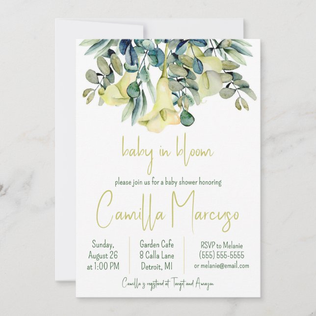 White Calla Lily Flowers Baby in Bloom Baby Shower Invitation (Front)