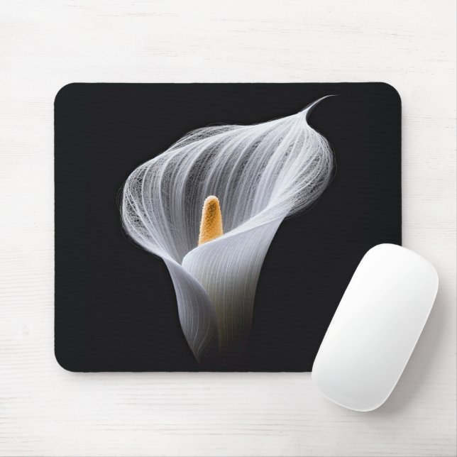White Calla Lily On Black Mouse Mat (With Mouse)