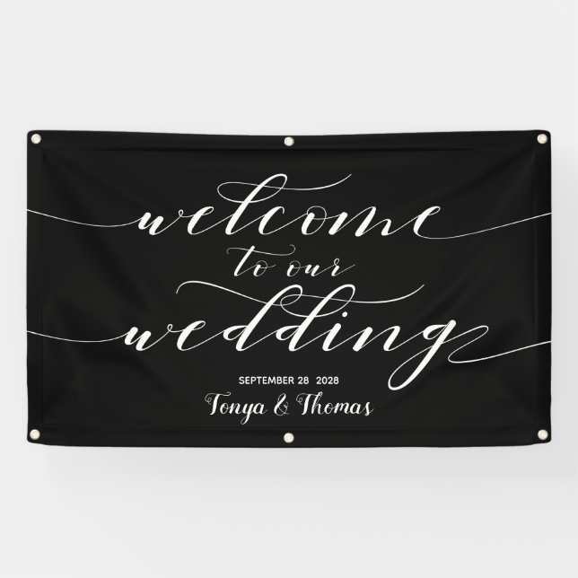 White Calligraphy Black Welcome To Our Wedding Banner (Horizontal)