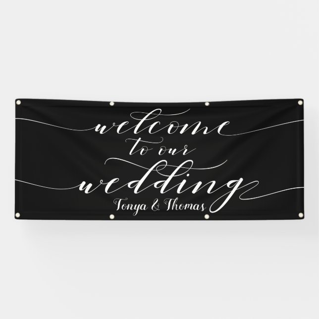 White Calligraphy Black Welcome To Our Wedding Banner (Horizontal)
