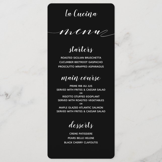White Calligraphy Classic Black Dinner Menu (Front)