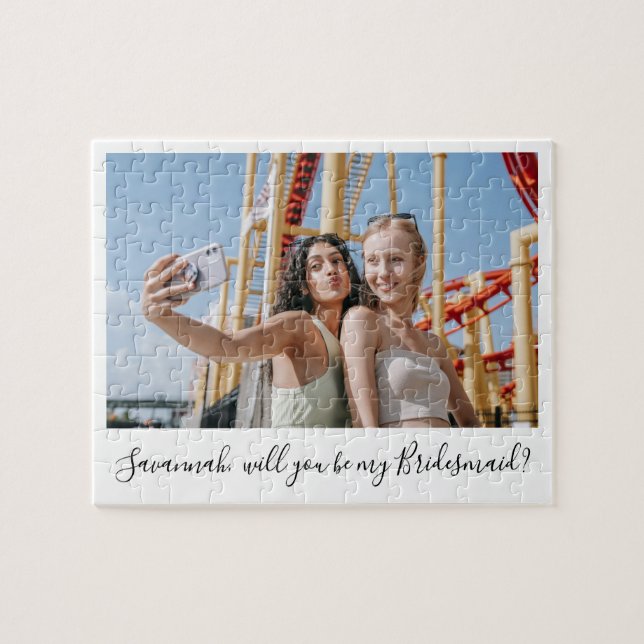 White Calligraphy Custom Photo Bridesmaid Proposal Jigsaw Puzzle (Horizontal)