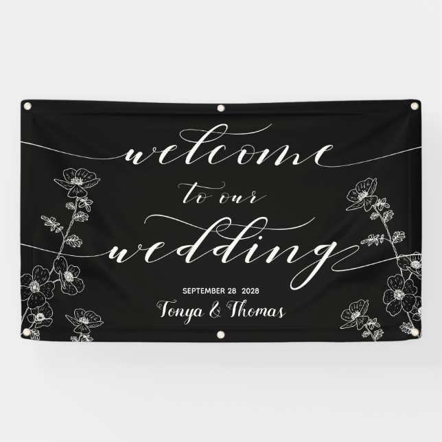 White Calligraphy Floral Black Welcome Wedding Banner (Horizontal)